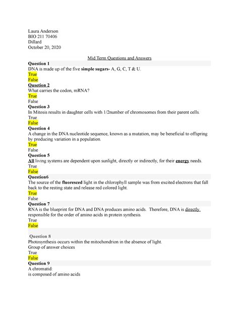 All Biology Midterm and Final Test Answers .